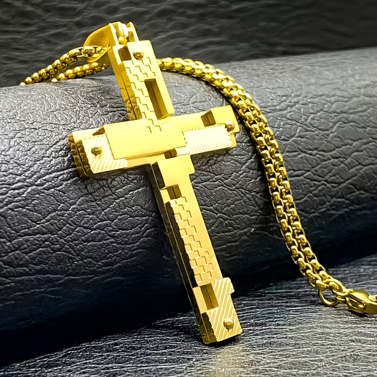 Large Double-Layer Stainless Steel Welded Rivet Cross Pendant Necklace